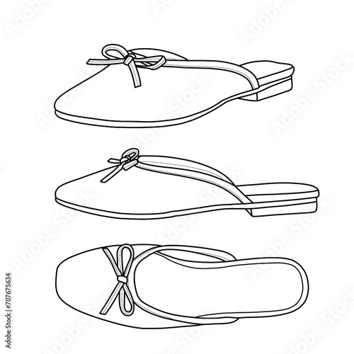 Technical sketch of bow mules sandals vector template. Front, side, and top view, isolated on a white background.