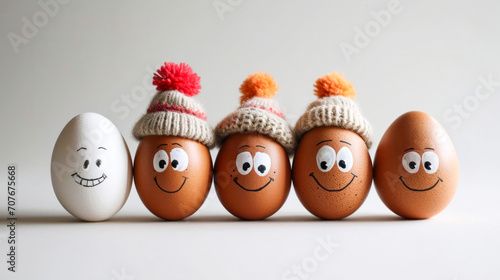 A delightful lineup of Easter eggs with whimsical expressions, each donning a unique pom-pom hat, showcasing a spectrum of joy and personality on a neutral backdrop