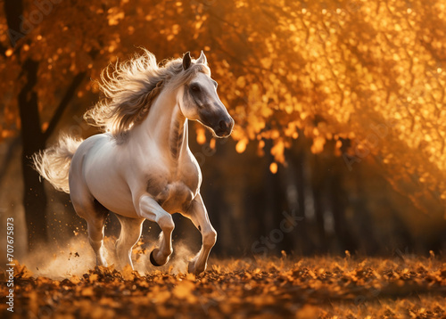 a beautiful Arabian horse runs in the autumn and flutters its mane in the evening at sunset © Виктория Дубровская