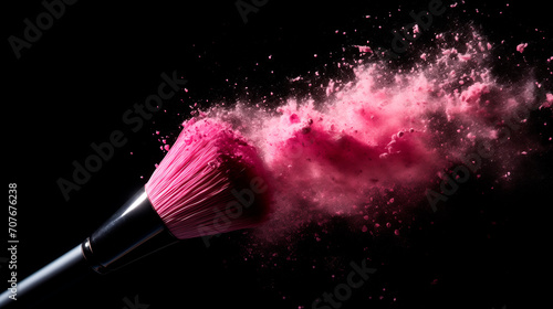 Make up cosmetic brush with pink powder explosion on black background banner