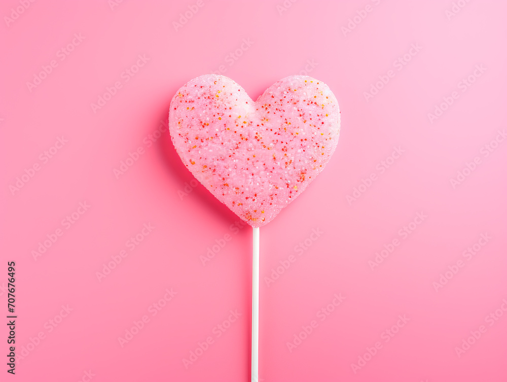 Single heart shaped lollipop candy on pastel pink background. Valentines day card.