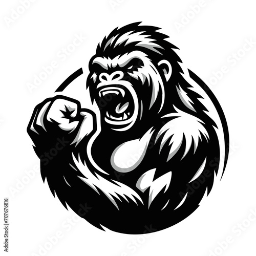 Vector logo of a raging gorilla doing a fist punch. Professional logo of a mad kong. Black and white logo of an ape isolated on a white background.