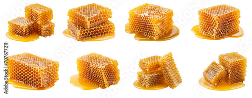 Collection of honeycombs, isolated on transparent background. 