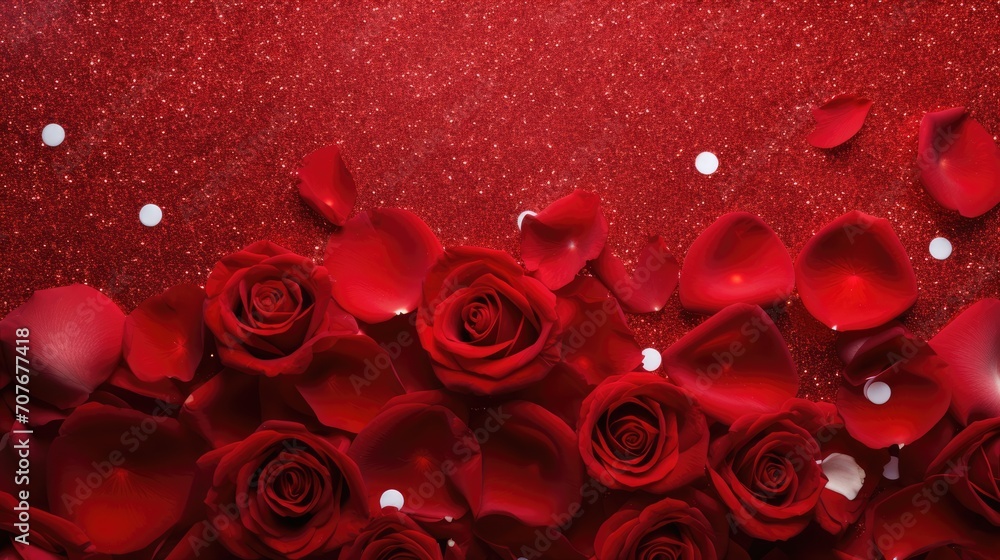 Red roses petals and sprinkles confetti for a holiday celebration 14th february - obrazy, fototapety, plakaty 