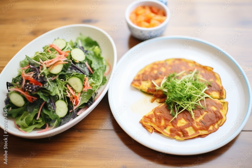 kimchi pancake accompanied by fresh salad kimchi pancake accompanied by fresh salad