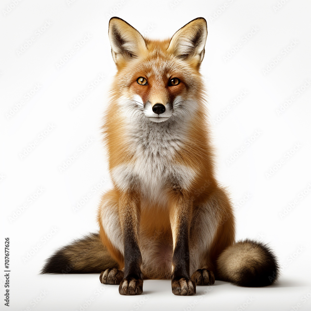 Red fox sitting isolated on a white background front view