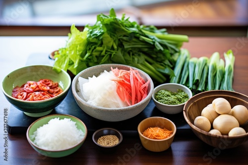 variety of fresh ingredients cabbage, radish, scallions for making kimchi photo