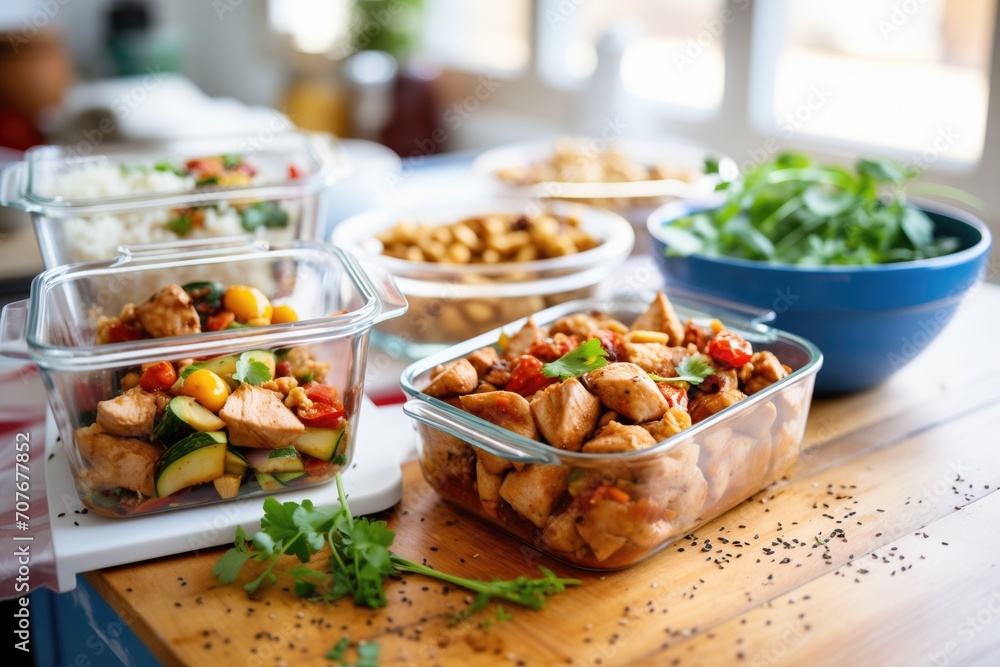 kung pao chicken meal prep in various containers