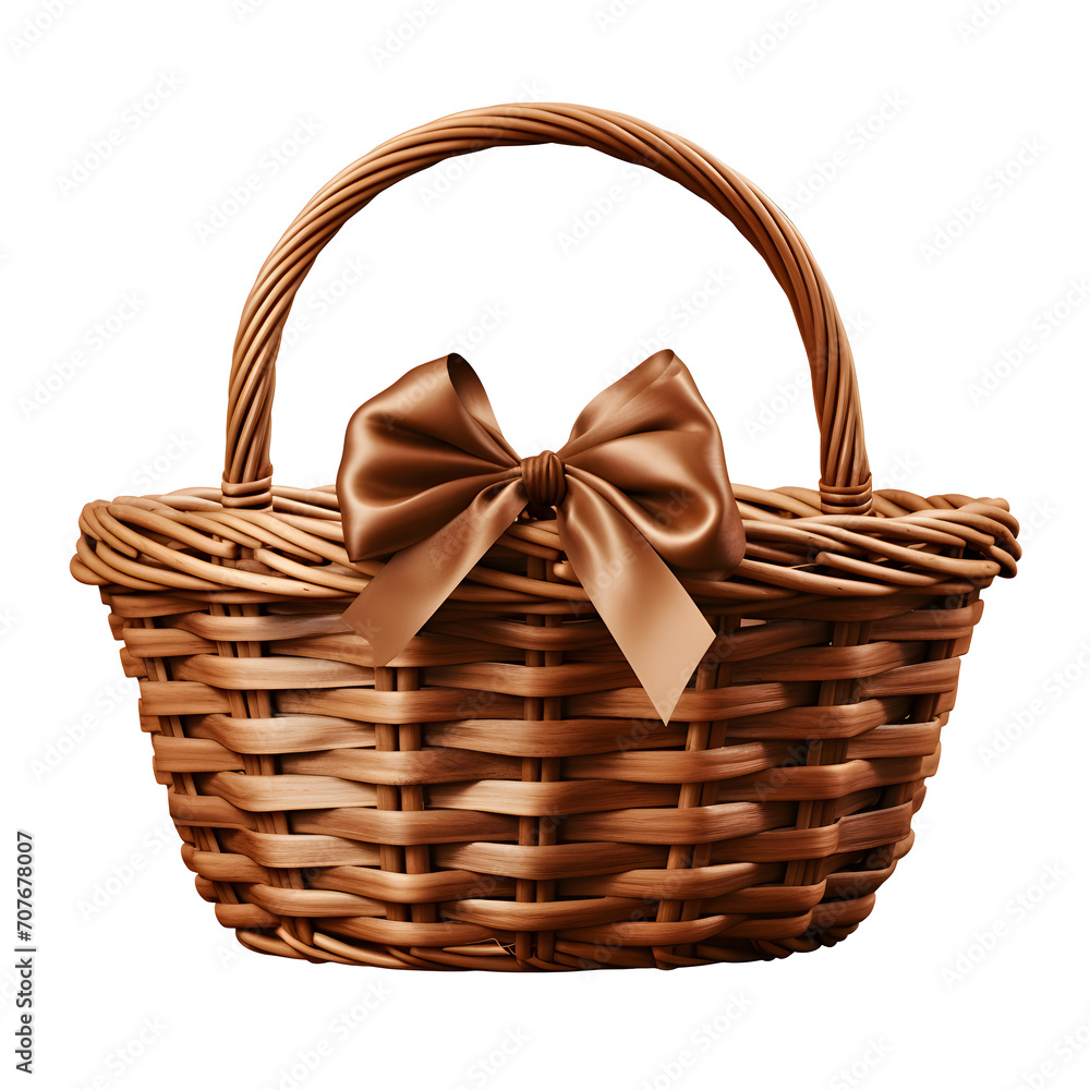 Woven wooden basket with handle on png background