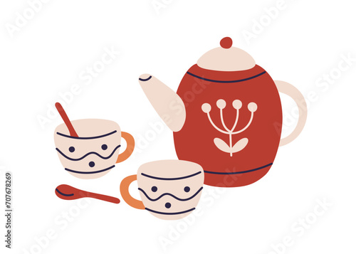 Ceramic tea cups and pot. Porcelain teapot and teacups pair, spoons. Retro-styled pottery for hot drink, teatime. Flat vector illustration isolated on white background