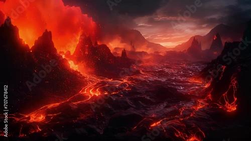 Amidst a violent eruption, rivers of glowing lava spilled from the volcanos mouth, leaving a trail of destruction in their wake. photo
