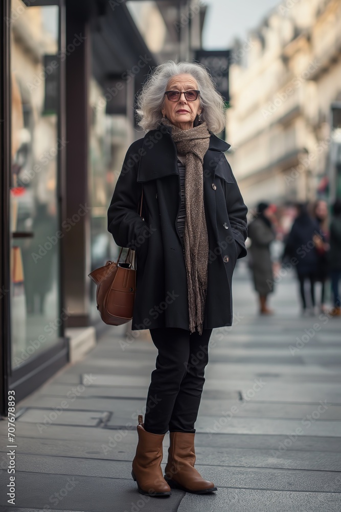senior old woman walking in urban city street wearing black outfit, silver generation concept, Generative Ai