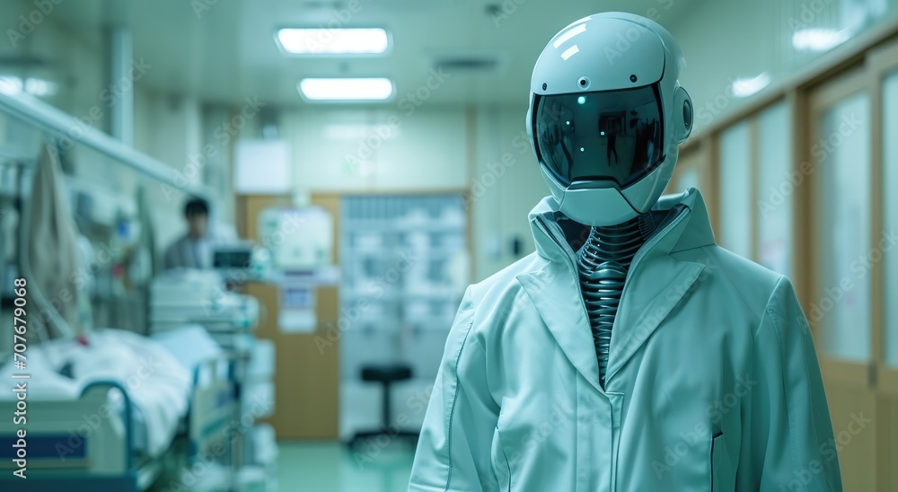 Humanoid robot doctor standing in hospital room Humanoid robot doctor standing in hospital room