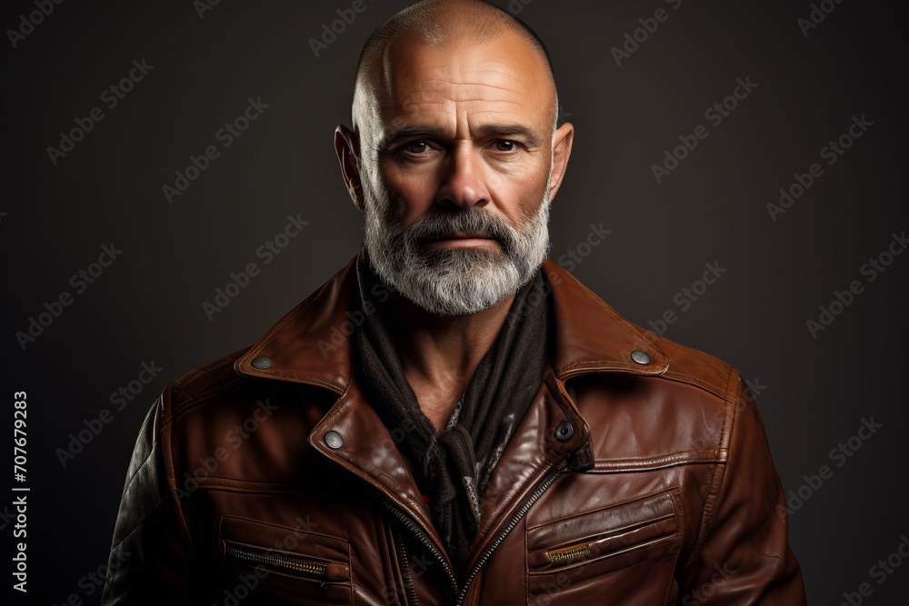 Portrait of an old man with a beard in a brown leather jacket. Portrait of an old man with a beard in a brown leather jacket.