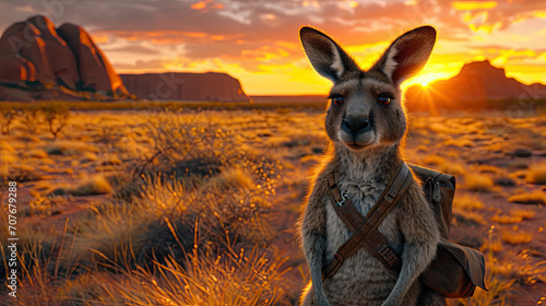 A kangaroo with a backpack stands ready for adventure against an Australian sunset © sahar