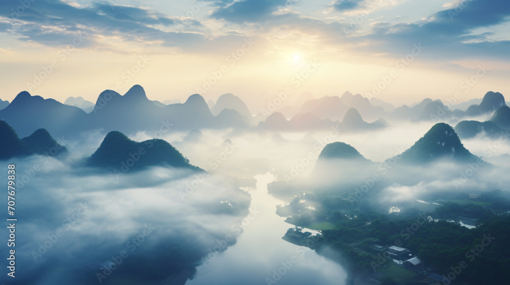 Aerial view of Guilin mountain landscape at sunrise