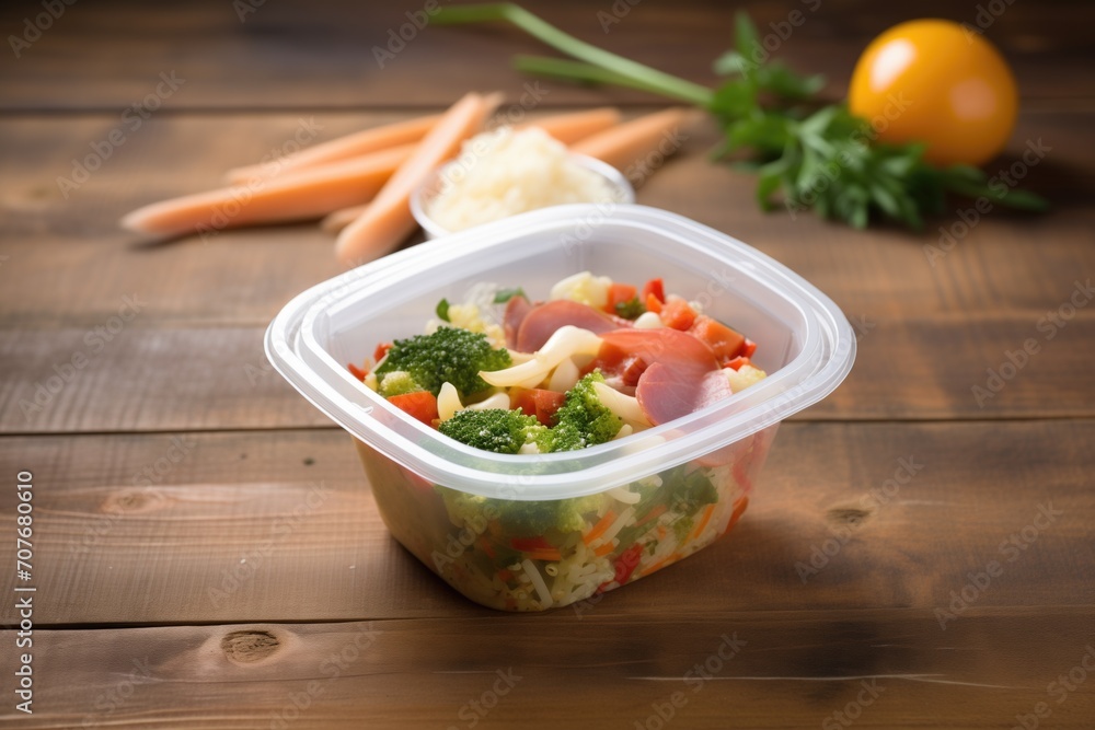 minestrone takeaway, plastic container, wooden background minestrone takeaway, plastic container, wooden background