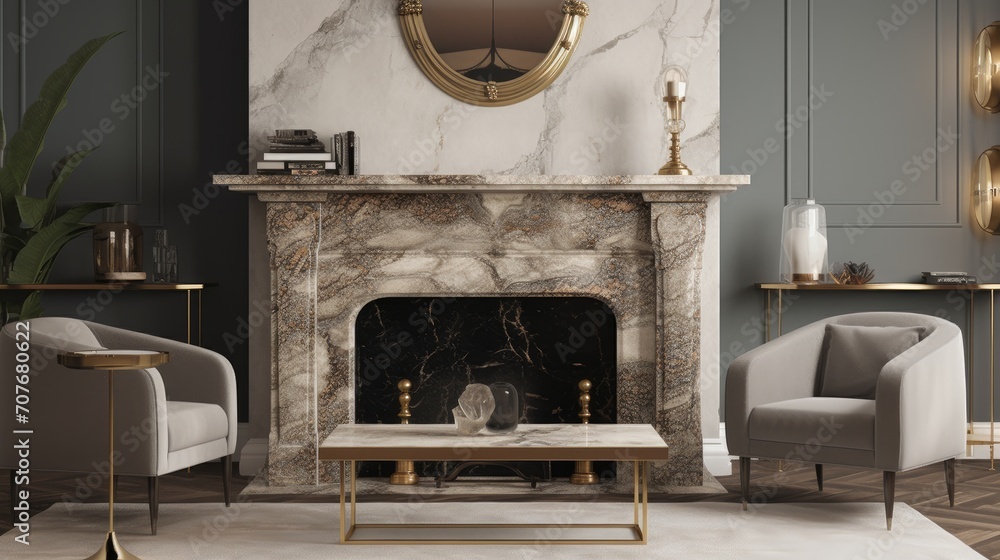 Fototapeta premium A marble fireplace with a polished bronze mantle. AI generated