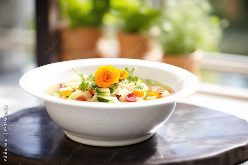 bowl of minestrone, focus on tomato chunks bowl of minestrone, focus on tomato chunks