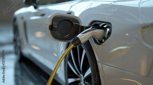 Close-up of the power supply plugged into a charging electric car. Clean energy, reducing pollution. Future electric car concept.