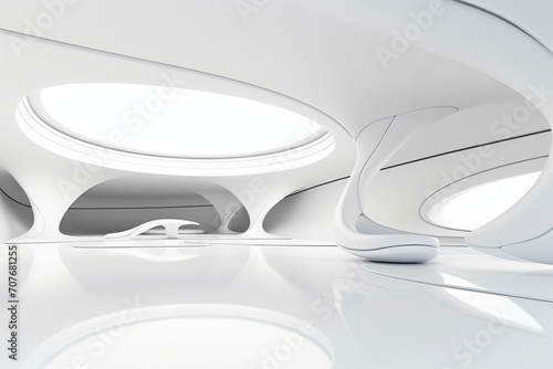 Futuristic white interior with smooth abstract design. Architectural backdrop in 3D illustration and rendering. Generative AI