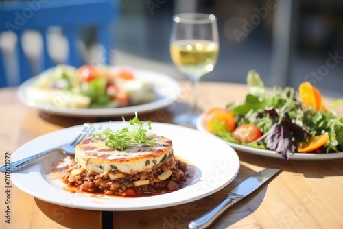 moussaka plated with a greek salad on a sunny outdoor table