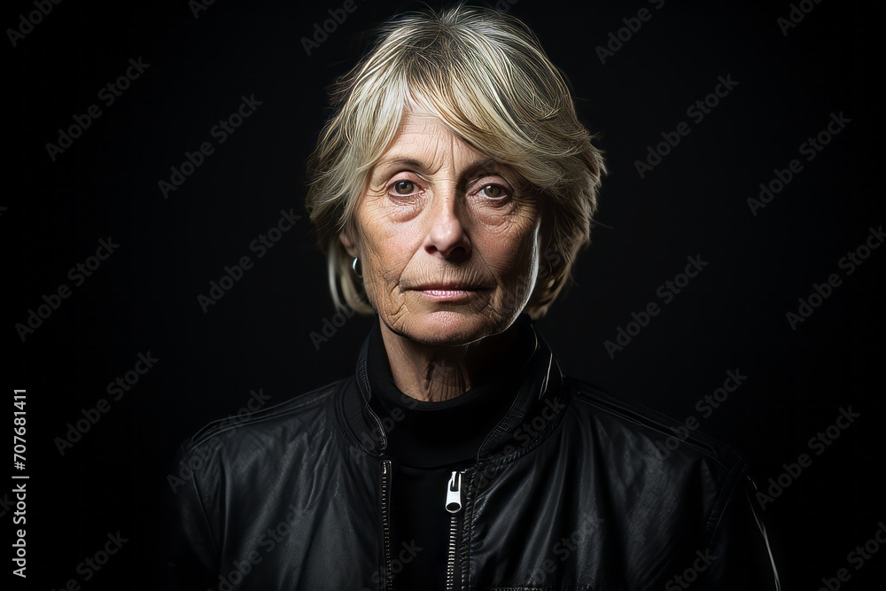 Portrait of a senior woman in leather jacket on a black background Portrait of a senior woman in leather jacket on a black background