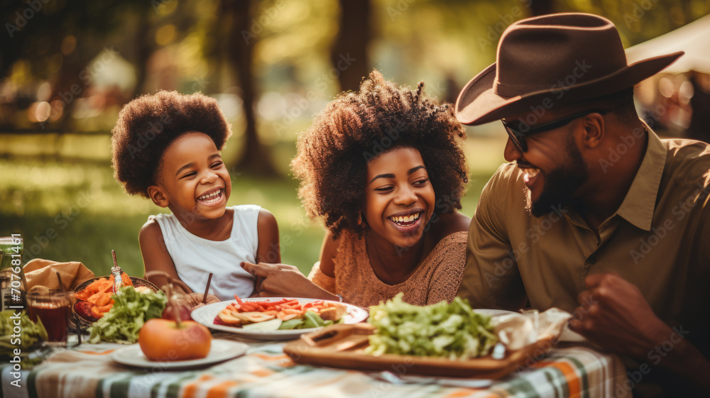 Happy Black family enjoying a picnic at a table in a park