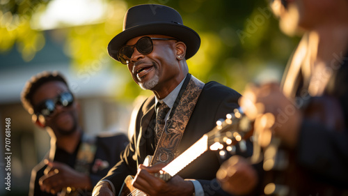 Elderly Black musician performing at a community event photo