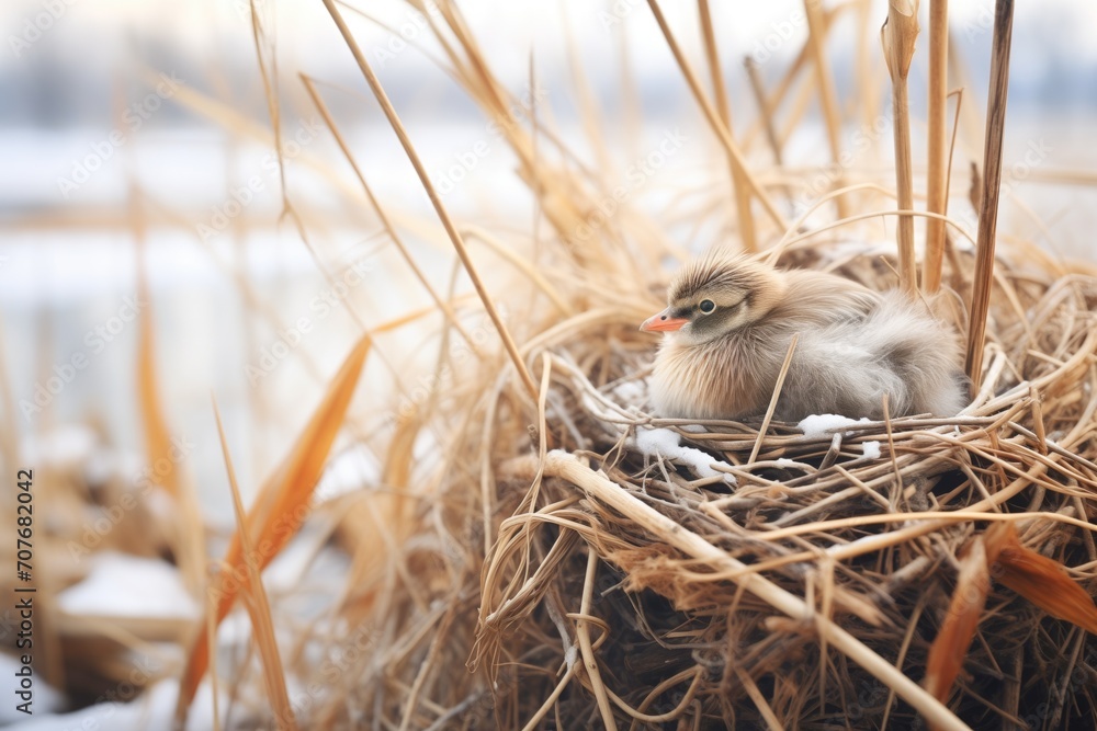 muskrat nest by frosted river reeds - obrazy, fototapety, plakaty 