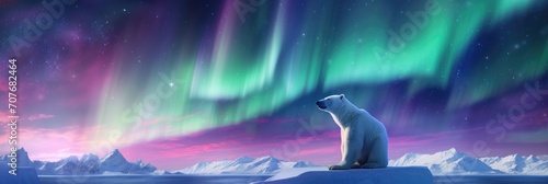 White bear stand on a glacier with Northern Lights, Aurora Borealis. Polar night with stars and dark sky. Wildlife scene from nature. Change climate or global warming concept photo