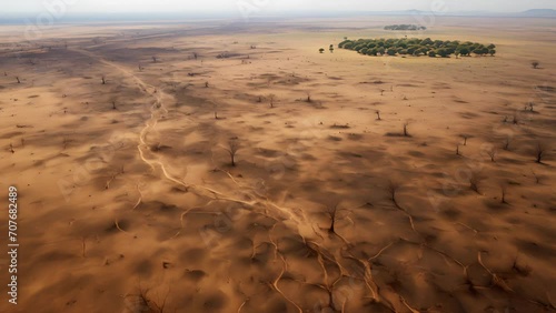 A birds eye view captures the vast expanse of a droughtridden region, where oncelush forests and fields have been transformed into a brown, lifeless wasteland. photo