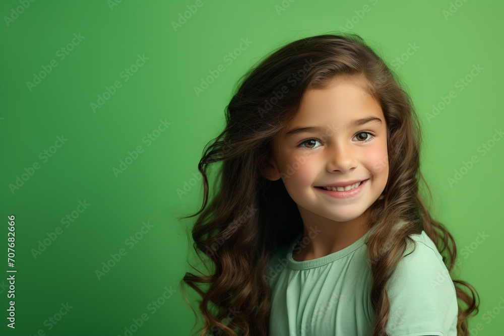 Portrait of a cute smiling little girl with long curly hair on a green background Portrait of a cute smiling little girl with long curly hair on a green background