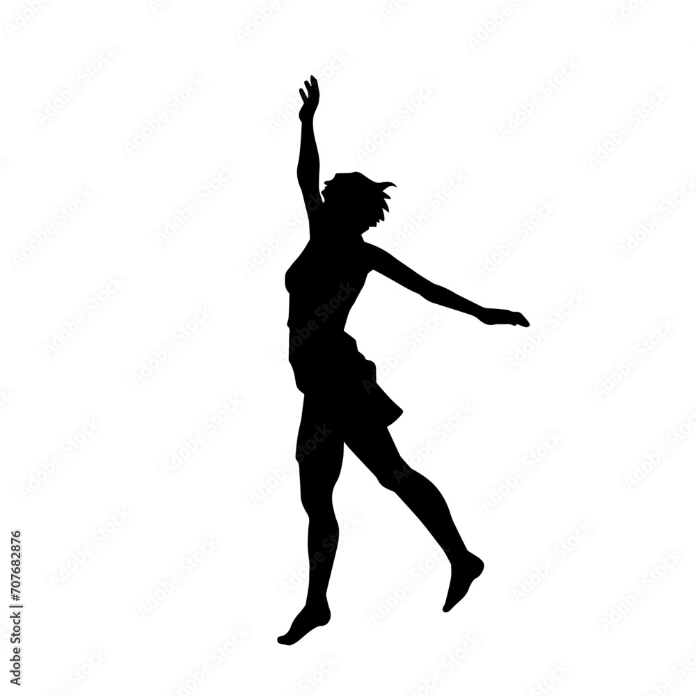 Silhouette of a female dancer in action pose. Silhouette of a woman dancing happily. Silhouette of a female dancer in action pose. Silhouette of a woman dancing happily.