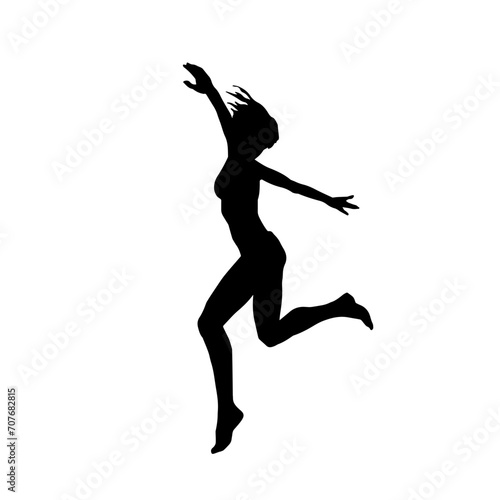 Silhouette of a female dancer in action pose. Silhouette of a woman dancing happily. © anom_t