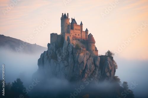 fog enshrouding an imposing stone castle at dusk photo