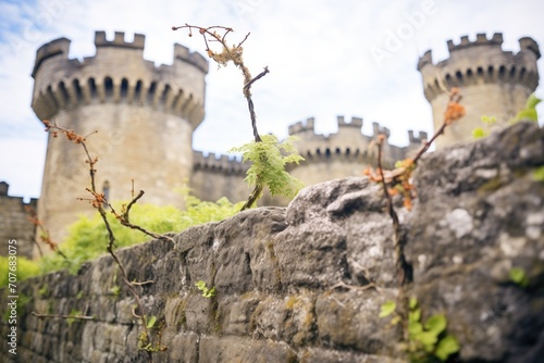 thorny vines overtaking a neglected castles stone walls