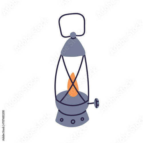 Lantern with warm light, flame inside. Lamp from metal and glass, candlelight...