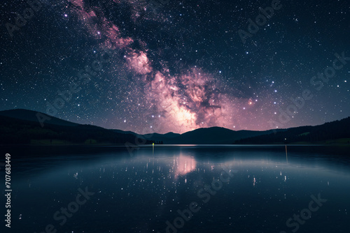 Bright Milky Way over the lake at night panorama © UC