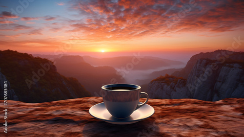 An image of a cup of coffee facing sunrise