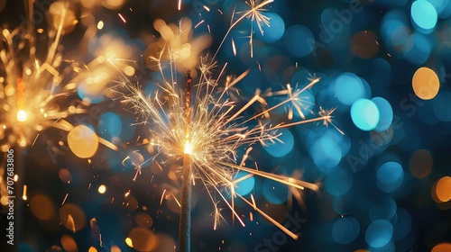 Gold and blue Fireworks and bokeh in festival celebration. Abstract background holiday