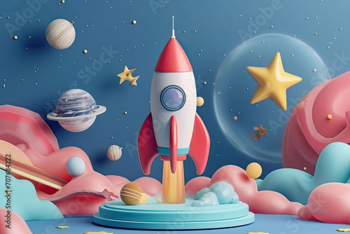 colorful and whimsical scene of a rocket launching into space