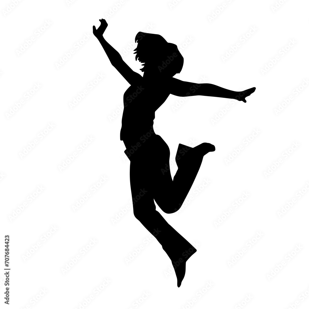 Silhouette of a female dancer in action pose. Silhouette of a woman dancing happily. Silhouette of a female dancer in action pose. Silhouette of a woman dancing happily.