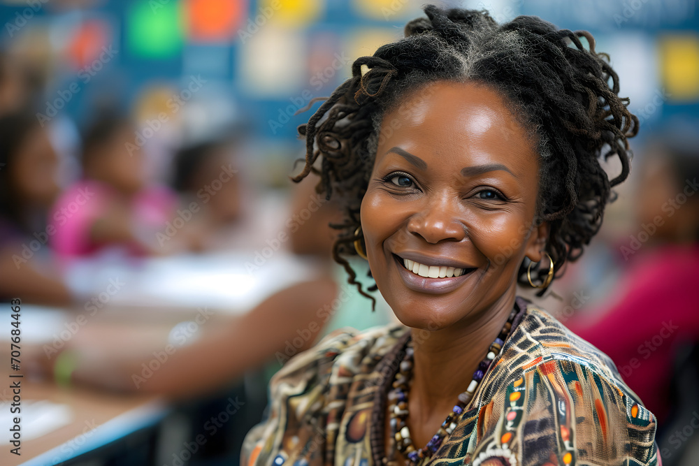 A smiling African American woman teaching in a classroom A smiling African American woman teaching in a classroom