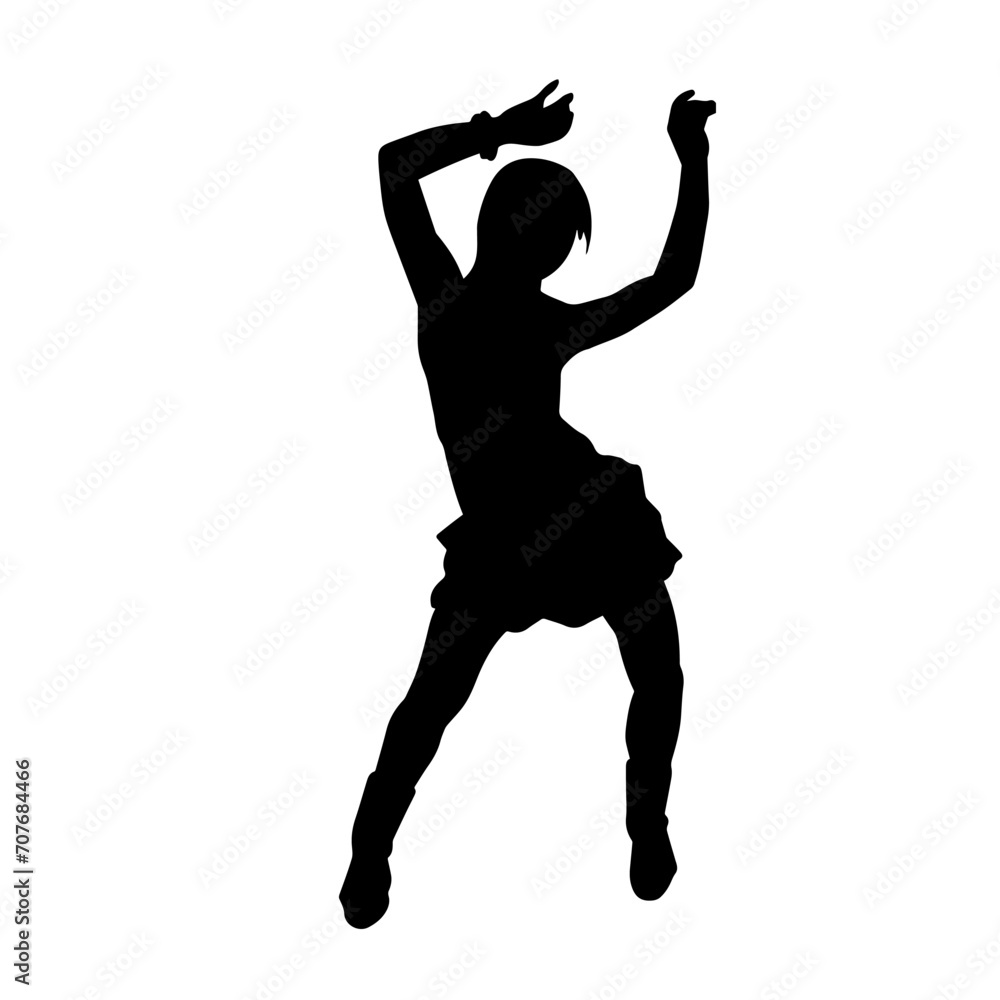 Silhouette of a female dancer in action pose. Silhouette of a woman dancing happily.