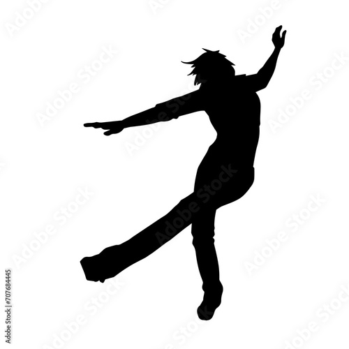 Silhouette of a female dancer in action pose. Silhouette of a woman dancing happily.