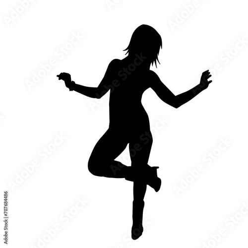 Silhouette of a female dancer in action pose. Silhouette of a woman dancing happily.