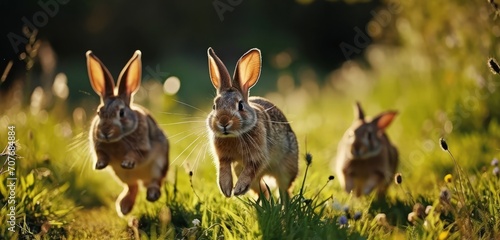 A group of young rabbits enjoying a sunny day in a green meadow.