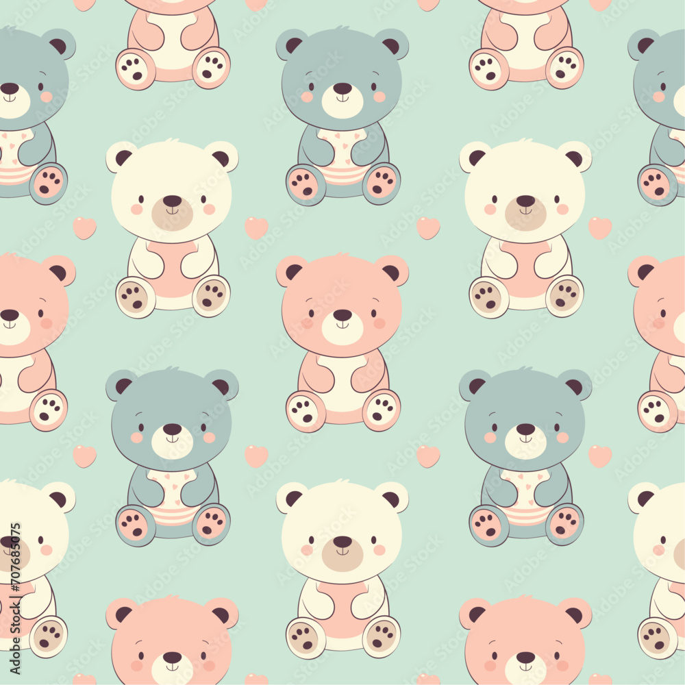 Seamless pattern with bears and hearts. Seamless background, vector texture for kids bedding, fabric, wallpaper, wrapping paper, poster