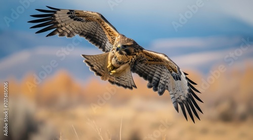 Powerful hawk in flight, wings elegantly spread against a soft background.